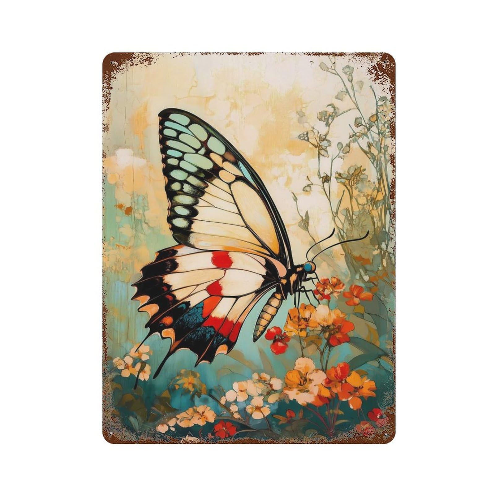 Butterfly on Flowers Vintage Wall Sign 15.7"x11.8", Rust Effect Metal Decor for Cafe, Home Bar And Lounge Decor