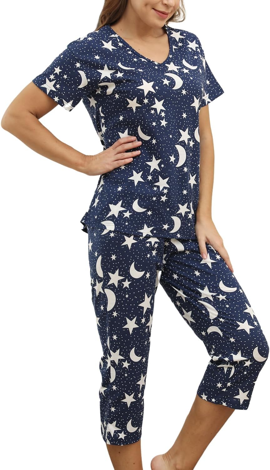 Inadays Womens Cotton Pajama Sets Short Sleeve Top With Capri Pants 2 piece sets for Women Summer Pajamas Lounge Set - Image 5