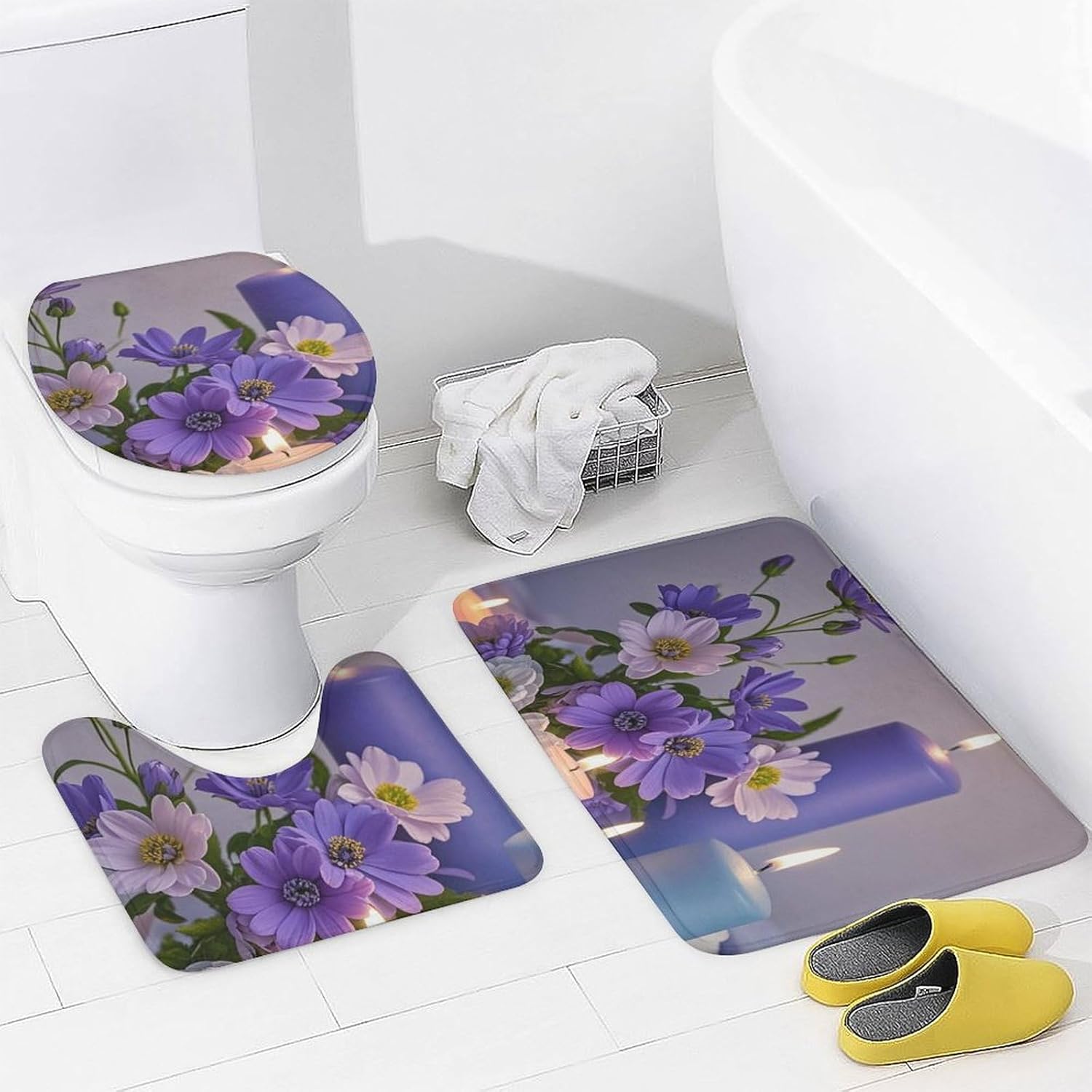 Purple Flowers and Candles Printed Four Piece Bathroom Set