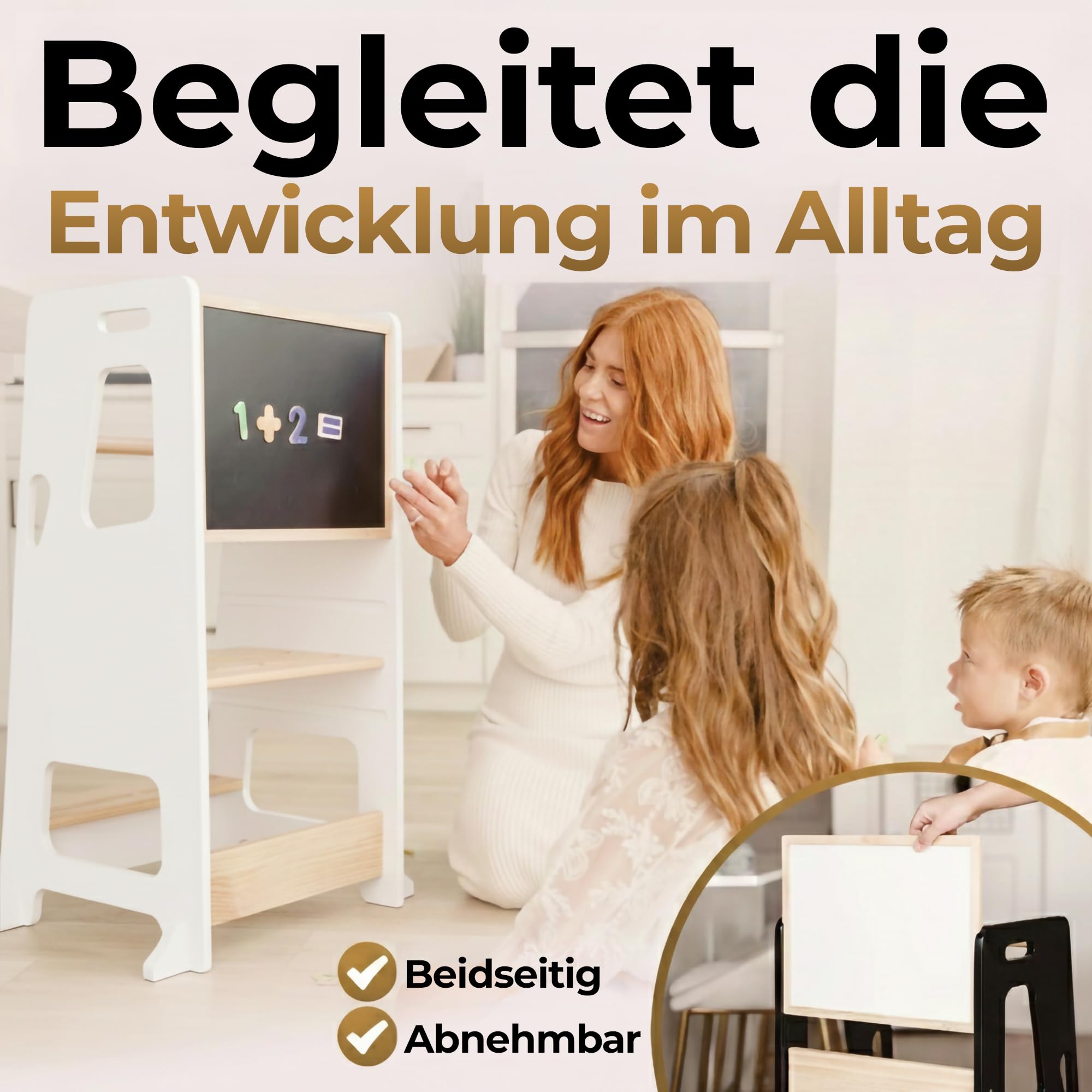 BEY & CO® Lernturm/Entdeckerturm aus Holz – Küchenhelfer für Kinder – 3-Fach höhenverstellbar, mit Rutschfester Oberfläche und kippsicheren Füßen - Montessori-Methode - Ab 12 Monaten (Weiß)