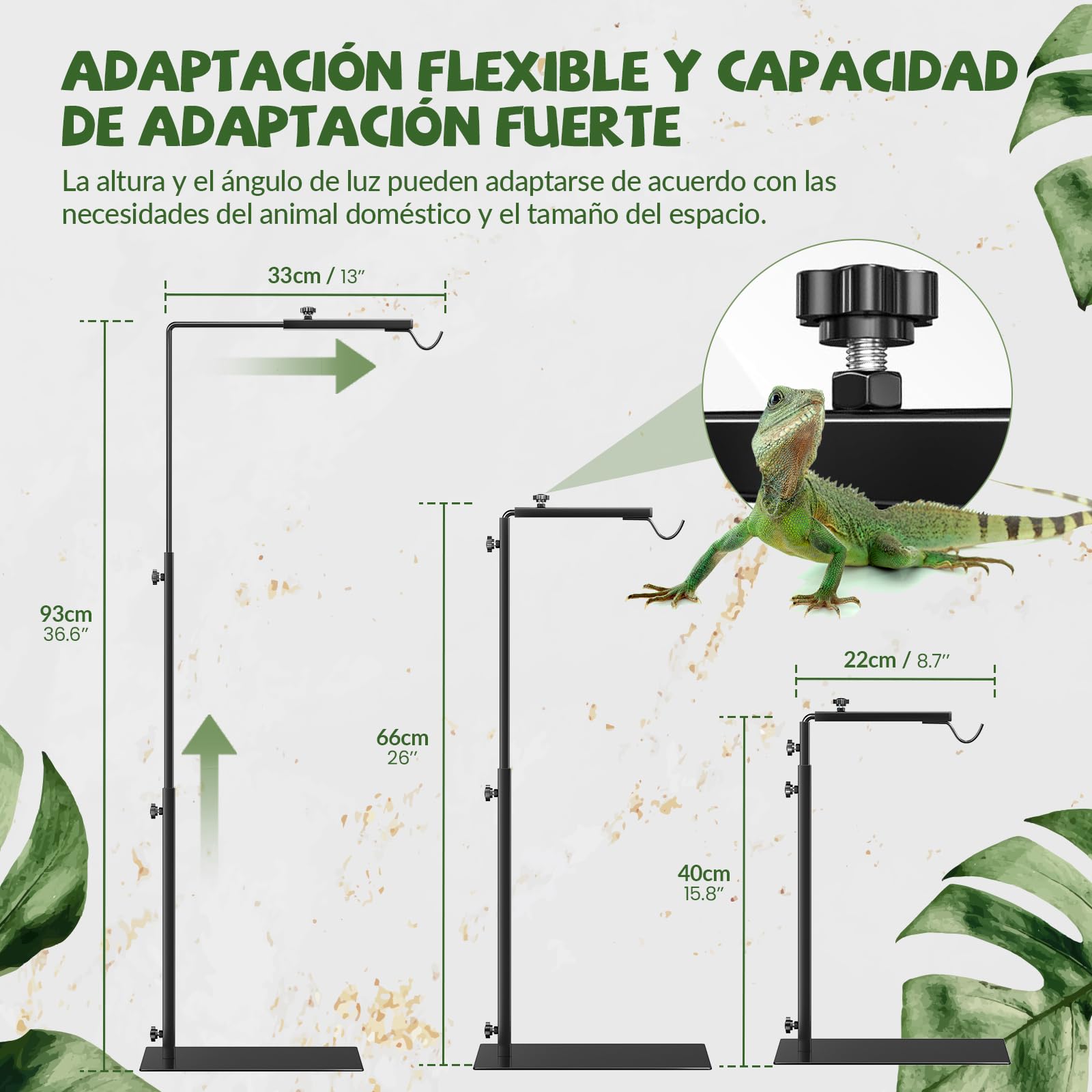 GlowUp 40 – 93 cm Reptiles Soporte para lámpara de reptiles ajustable, altura regulable, soporte para lámpara de reptiles con base de terrario, soporte de luz para tortugas arañas (sin lámparas)