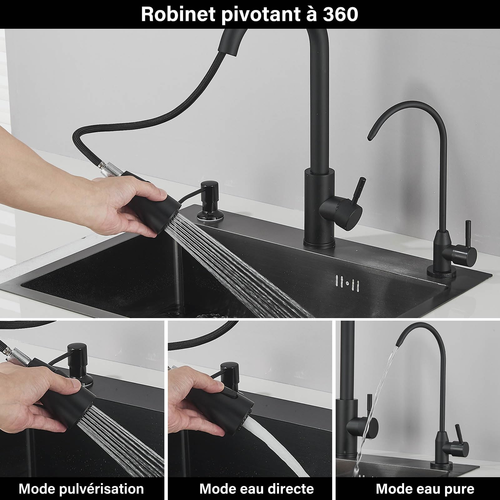 Evier Inox avec Egouttoir et évier mobile,lavabo cuisine avecavec Trous pour Robinets et Distributeur de Savon Panier à vaisselle 1 pc55*45 * 20cm Noir