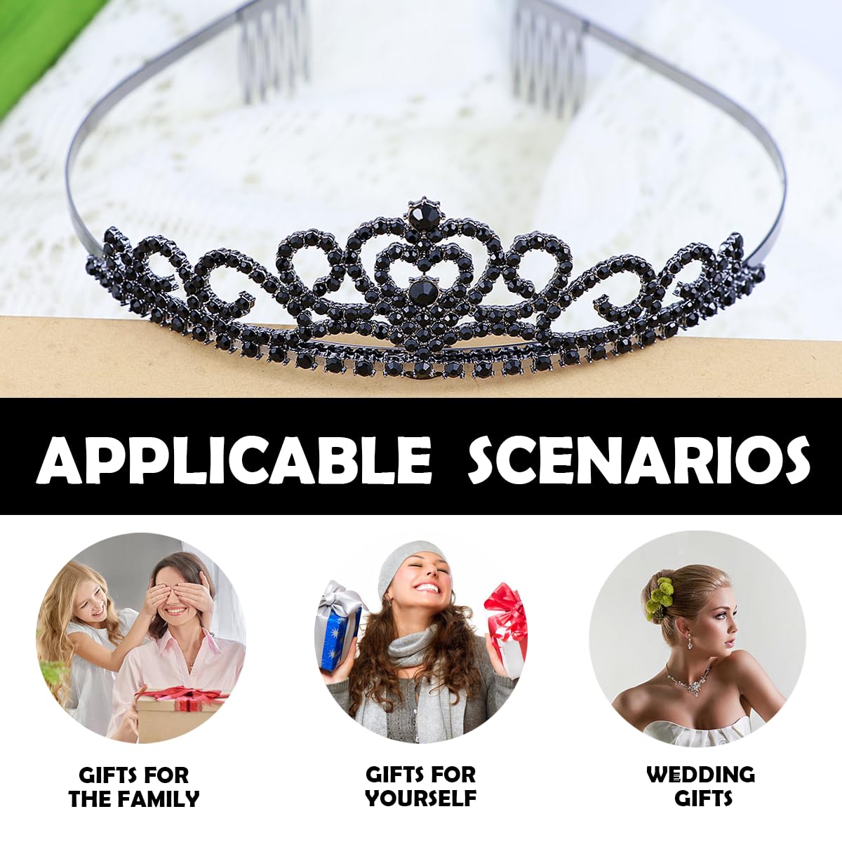 FERCAISH Tiara de cristal con peine para el pelo, Corona Nupcial Princesas, Diadema para boda, fiesta de cumpleaños, boda, desfile de graduación, color negro, 11,9*3.2cm, Diamante falso, Brillantes.