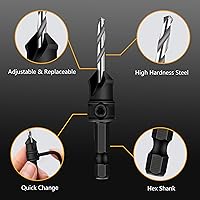 Vista 5 de MulWark Countersink Drill Bit Set, 11 PCS Counter Sink Drill Bits Adjustable, #5, #6, #8, #10, #12, HSS Woodworking Drill Bit Set with 3/8