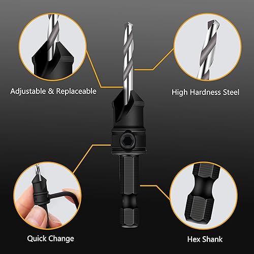 Miniatura 6 de MulWark Juego de brocas avellanadas de 82  5 brocas HSS reemplazables gratis para madera  Kit de herramientas de perforación ajustables biseladas de