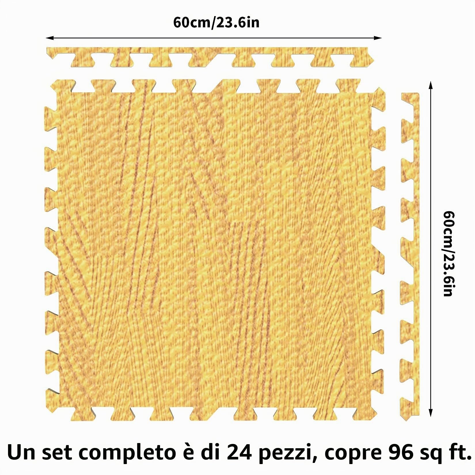 Tappeto per palestra pavimento puzzle: 24 pezzi tappetino incastro 60x60cm tappetini ginnastica fitness casa tatami bambini gioco esercizi legno effetto schiuma eva morbido quadrato interno, Giallo