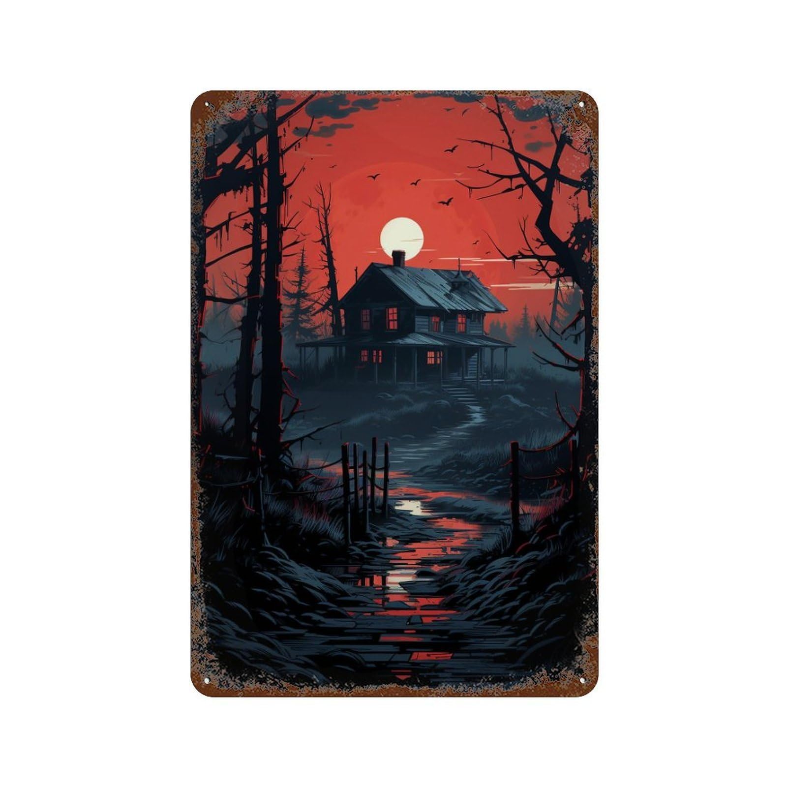 Haunting Sunset Cabin Scene Aged Metal Wall Plaque 11.8"x7.9", for Garage, Bar And Workshop Decor, Farmhouse Wall Decor