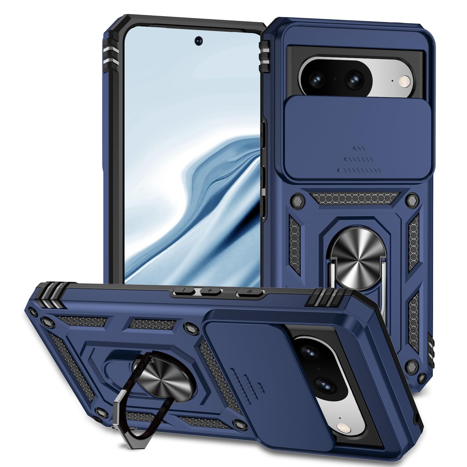 XINYEXIN Cover Per Google Pixel 7 Pro, Custodia Con Protezione Fotocamera Scorrevole, Anello Porta Dito Magnetico 360° E Supporto, Antiurto Militare, Blu Scuro
