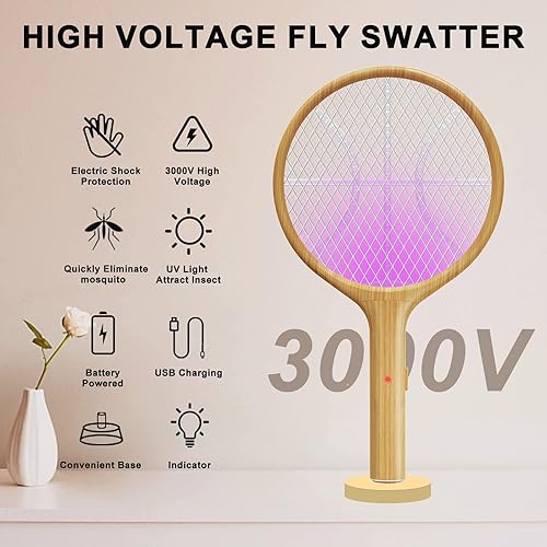 Miniatura 3 de LUOJIBIE Matamoscas eléctrico, raqueta matamoscas de mano con anillo para colgar para el hogar, interior y exterior, tamaño grande