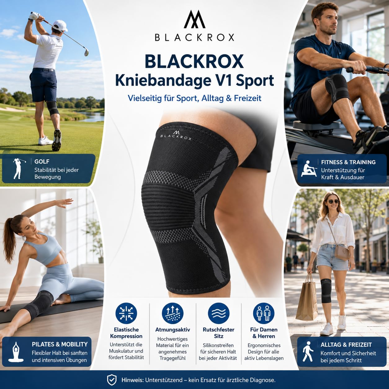 BLACKROX Ginocchiera paragonabile per uomo e donna, ginocchiera a compressione Meniskus, ginocchia, ginocchiere sportive, calcio, jogging, traspirante, elastica, allevia il dolore