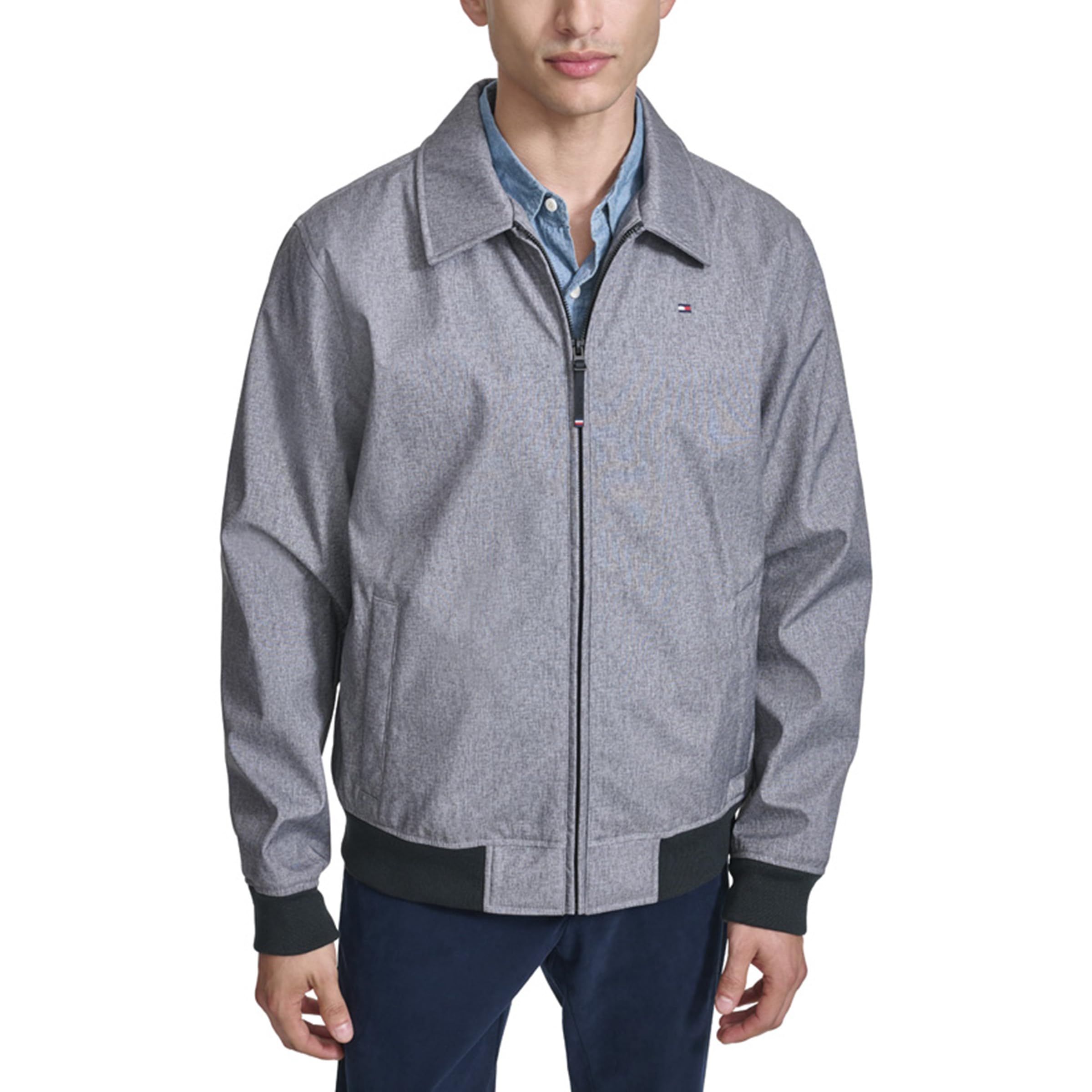 Tommy Hilfiger Men's Lightweight Water Resistant Varsity Bomber Jacket, Heather Grey Softshell W. Laydown Collar, XXL
