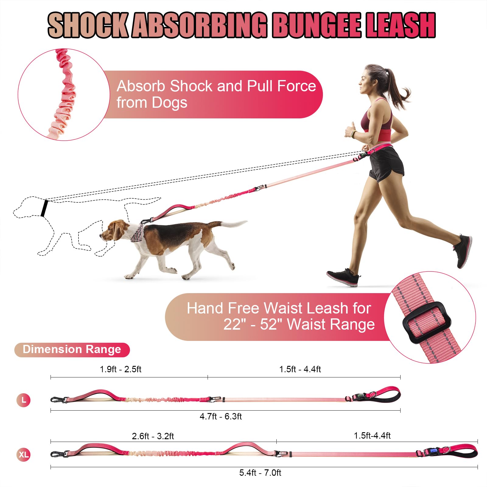 Laisse pour chien résistante mains libres, réfléchissante, taille réglable, avec poignées rembourrées, élastique absorbant les chocs et ceinture de sécurité de voiture pour chiens de grande et