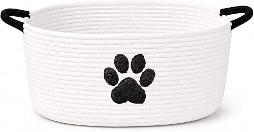 KeminaBlankets Cotton Rope Dog Toy Basket with Handles, 16.5 Inch Oval Pet Toy Storage Bin with Embroidered Paw Organizer