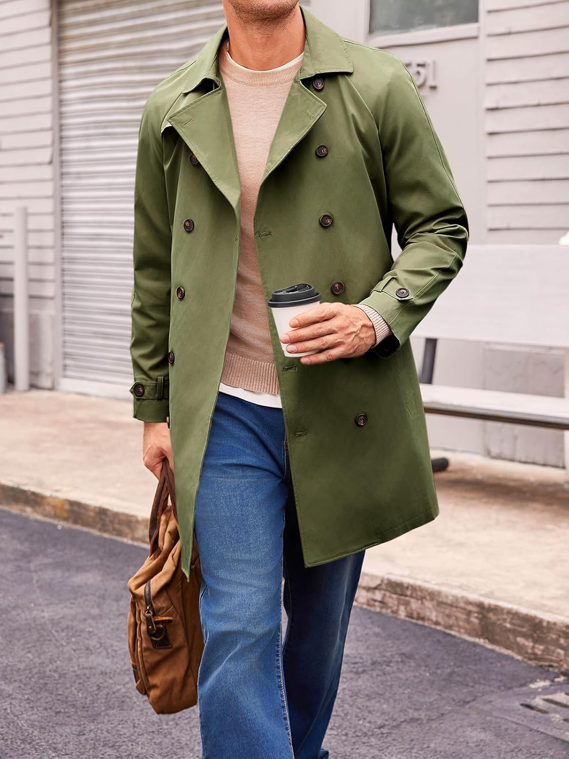 Runcati Mens Trench Coat Double Breasted Mid Long Jacket Casual Belted Overcoat Notched Lapel Windbreaker - Image 2