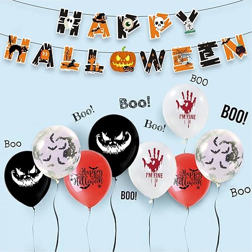 Miniatura 2 de Paquete de 50 globos de Halloween, negro, blanco, rojo y confeti para decoración de fiesta de cumpleaños de Halloween