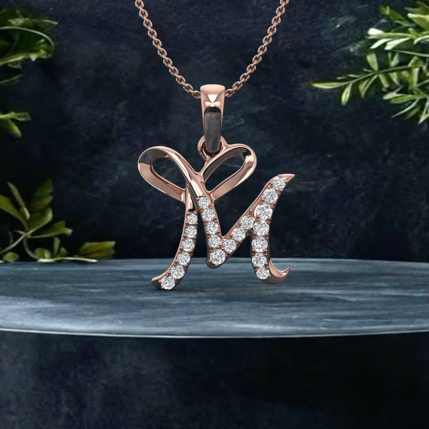 FINEROCK Diamond Initial Letter Pendant Necklace in 10K Rose Gold (with Silver Chain)