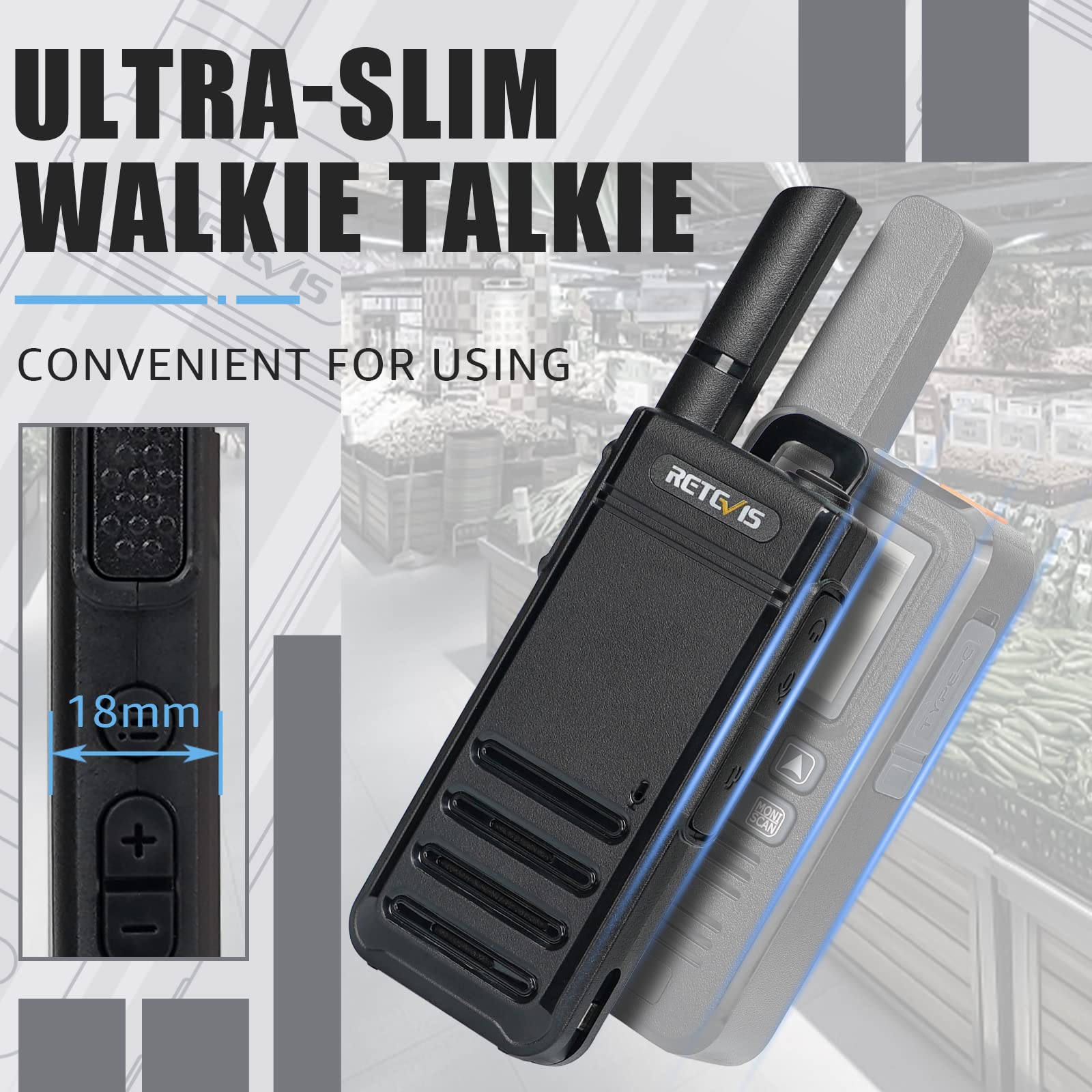 Retevis RB639P Walkie-Talkies für Erwachsene, Mini-Funkgerät mit Ohrhörern, VOX, USB-C, PMR446 Professionelles 2-Wege-Funkgerät für Restaurant (Schwarz, 4 Stück)