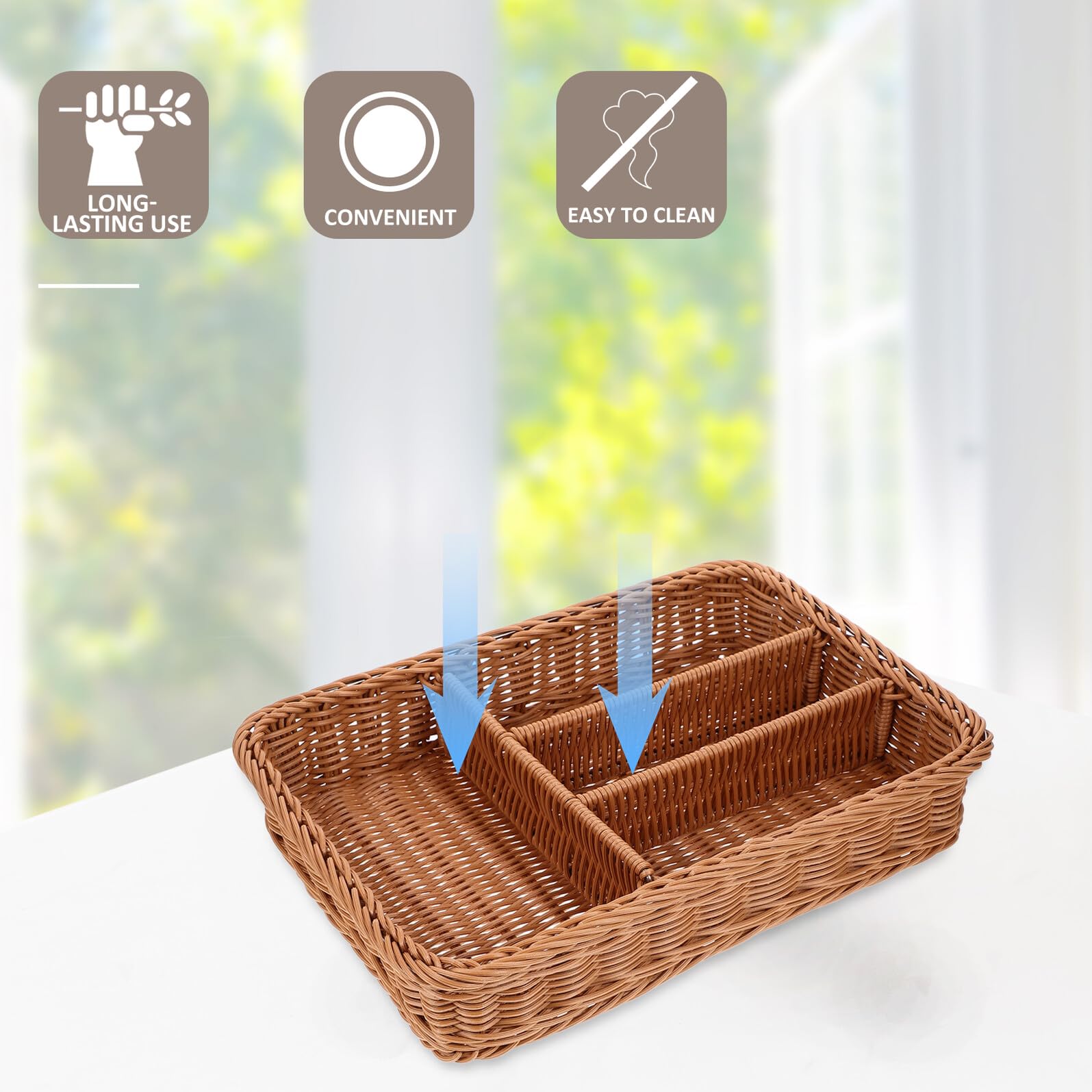 Cesta Organizadora de Cubiertos con Compartimentos Malla Tejida Imitación Ratán Bandeja Resistente y Multiusos para Cocina y Baño