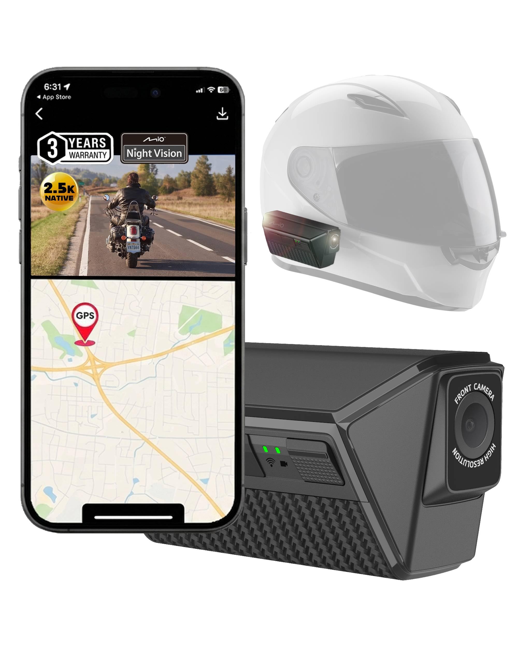 Mio Dashcam Motorrad Vorne Hinten kabellos mit akku 4,5 Stunden, dashcam motorradhelm mit Schutzart IP67, 2.5K HDR,GPS, Wi-Fi, 60fps, App-Steuerung, 3 Jahre Garantie (MiVue MP30)