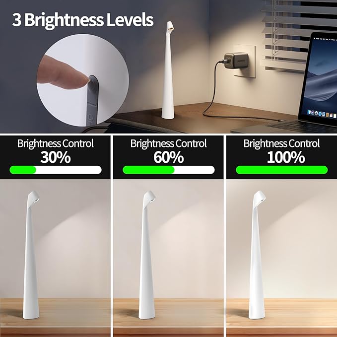 CYDSXYD Cordless Table lamp, Rechargeable Wireless Desk Lamp, Portable Bedside Lamp 3 Levels Brightness, Battery Operated LED Desk Lamp for Bedroom Restaurant Reading (White) photo 2