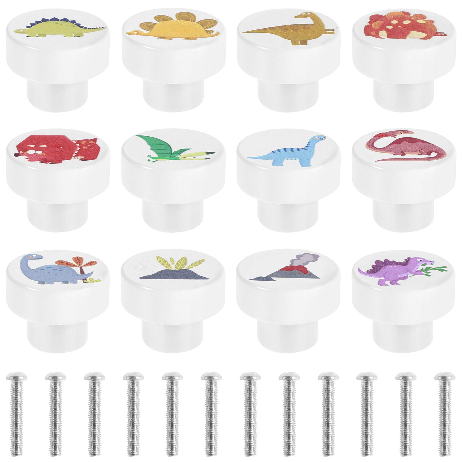 Yunyouc White 12Pcs Wooden Cabinet Knobs With Screws, 35Mm Dinosaur Pattern Round Furniture Pull Handle, Wooden Handles For Nursery Cabinets For Children's Room
