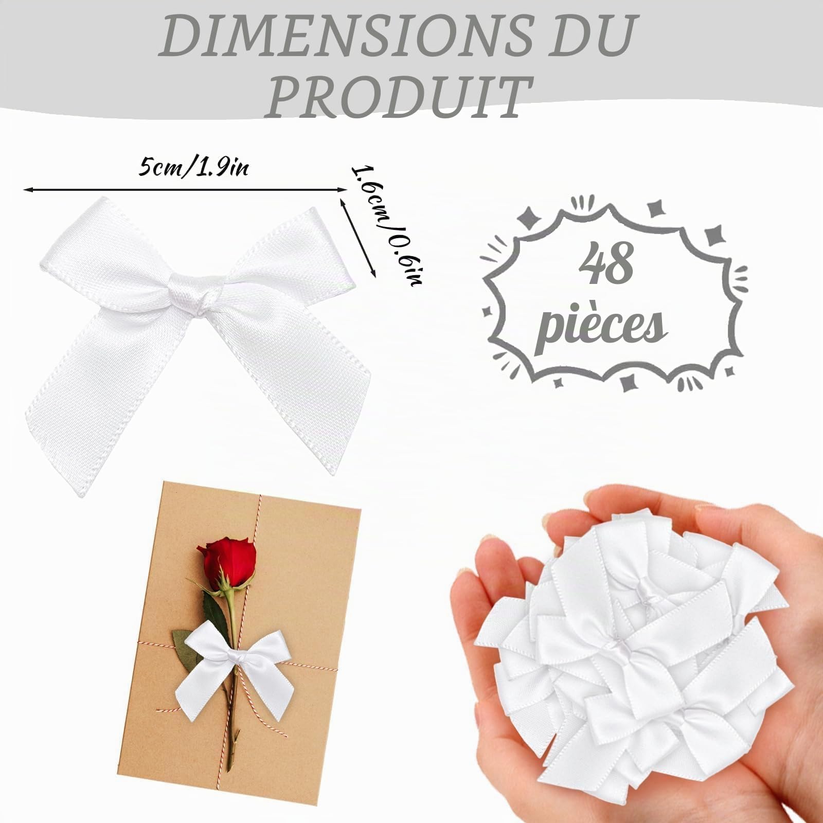 48 Noeud Cadeau Blancs de 5cm – Matériau en Satin de Soie Auto-adhésif, Idéaux pour l’Emballage de Cadeaux, la Décoration de Mariage et de Fêtes