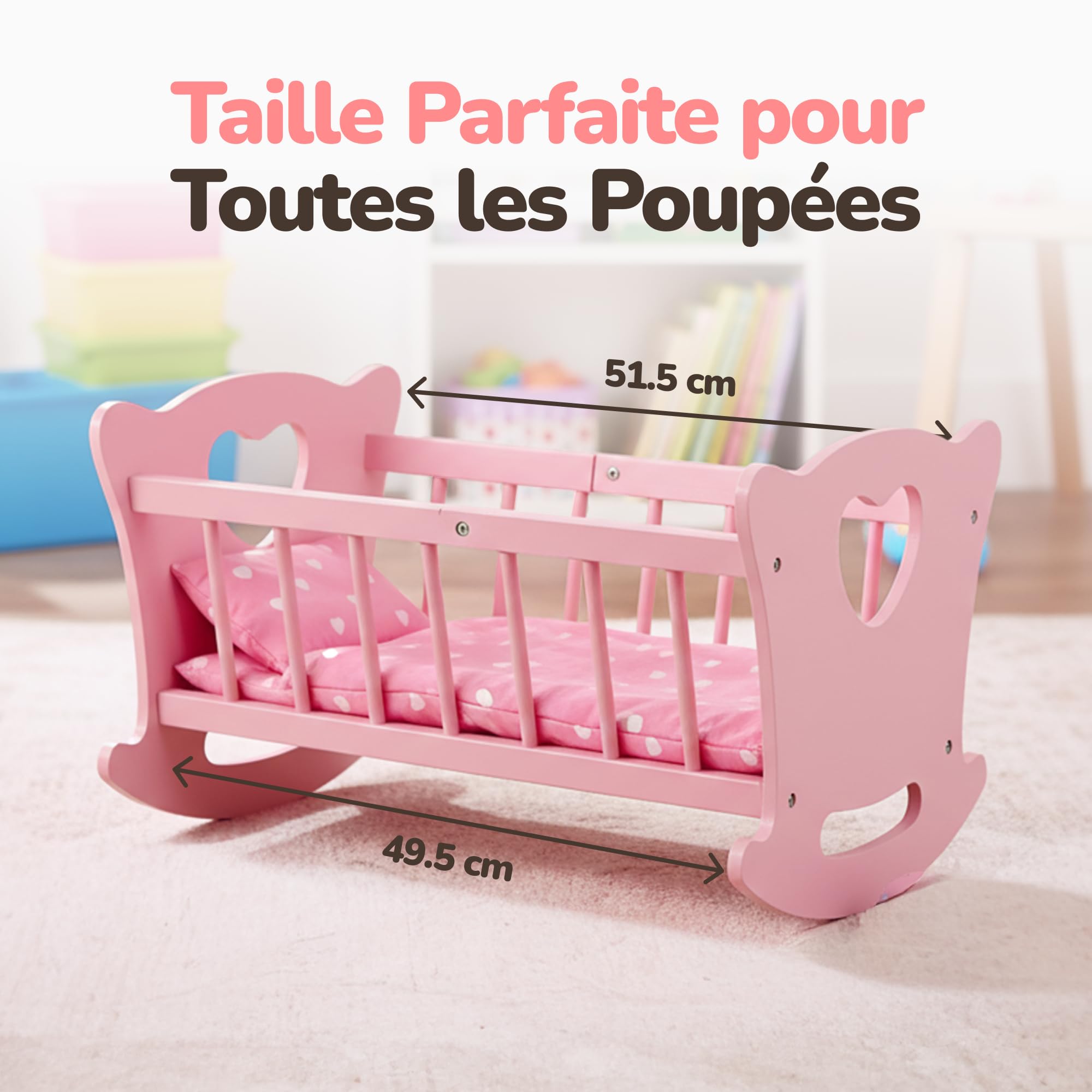 Kinderplay Berceau de poupée en Bois avec Parure de lit - Lit à Bascule pour poupées jusqu'à 49,5 cm - Jouet en Bois Durable pour Filles à partir de 3 Ans - Lit de poupée avec Matelas, Coussin et