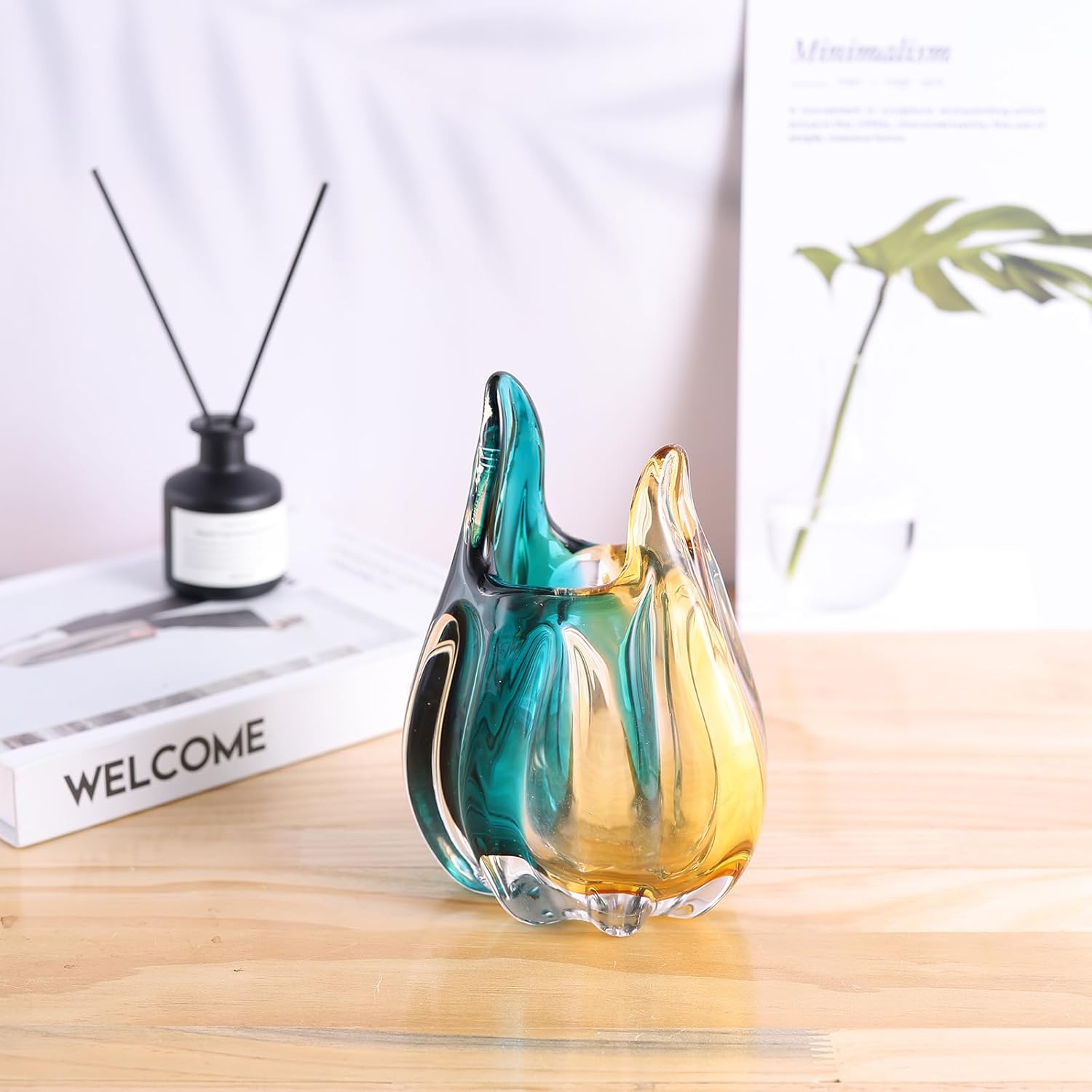 Hand Blown Glass Vase, Medium Wide Mouth Flower Vase Unique Modern Turquoise Glass Art Decor, Nonbreakable Vases for Table Centerpieces Living Room Decorative Amber and Teal Vase