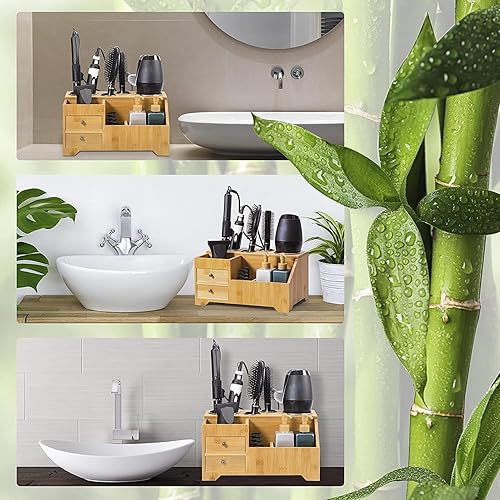 Miniatura 8 de SOLO DELIGHT NeatSpace Organizador de herramientas para el cabello, soporte para secador de pelo de bambú, almacenamiento de tocador, soporte para