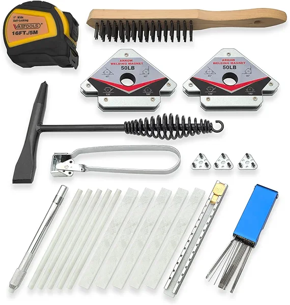 VASTOOLS Welding Accessories,22pc,Chipping Hammer, Welding Soapstone Holder,16'x 1"Tape measures,50LB Welding Magnet,Triple Flint Torch Striker,3"Torch Cleaner,Wire Brush 11"