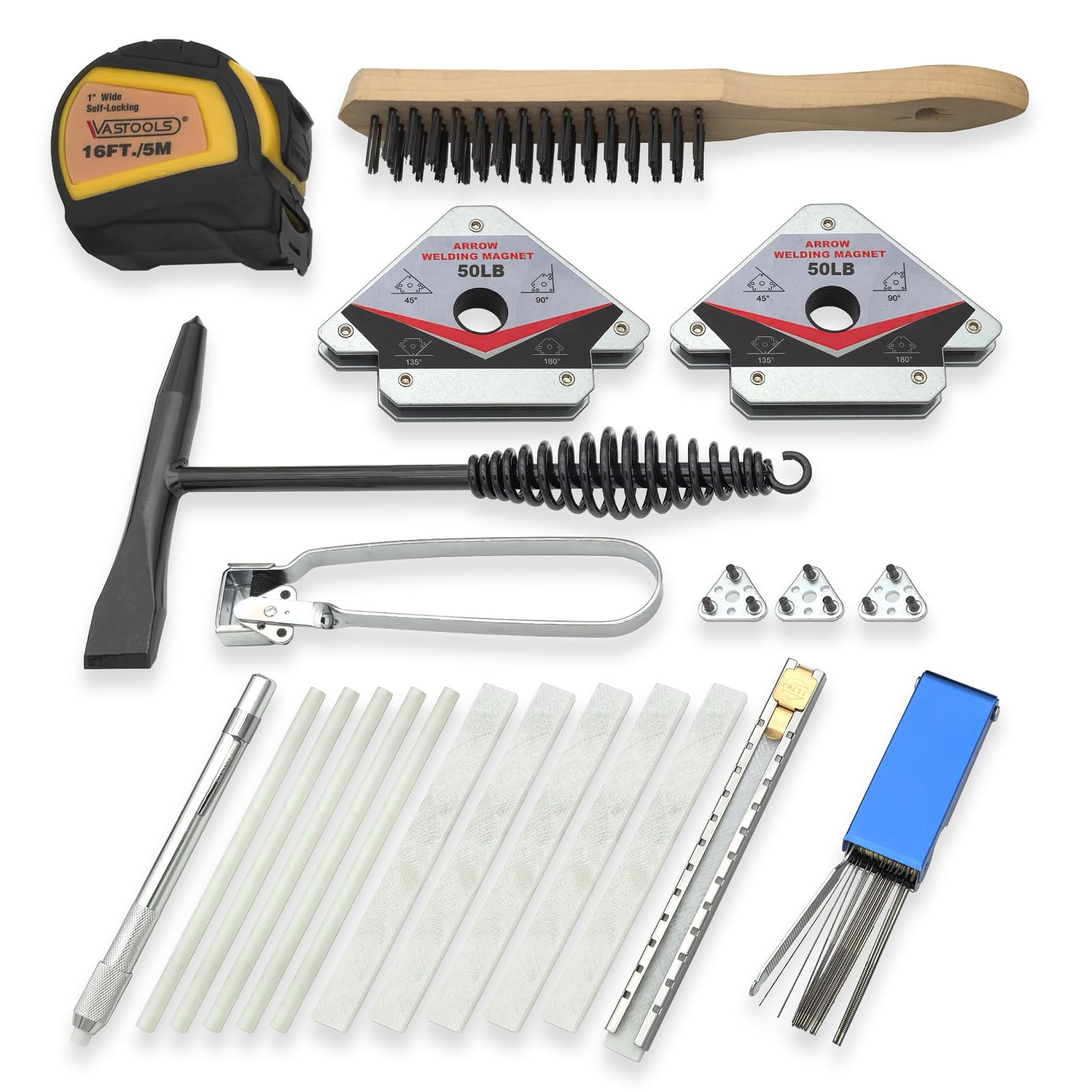 VASTOOLS Welding Accessories,22pc,Chipping Hammer, Welding Soapstone Holder,16'x 1"Tape measures,50LB Welding Magnet,Triple Flint Torch Striker,3"