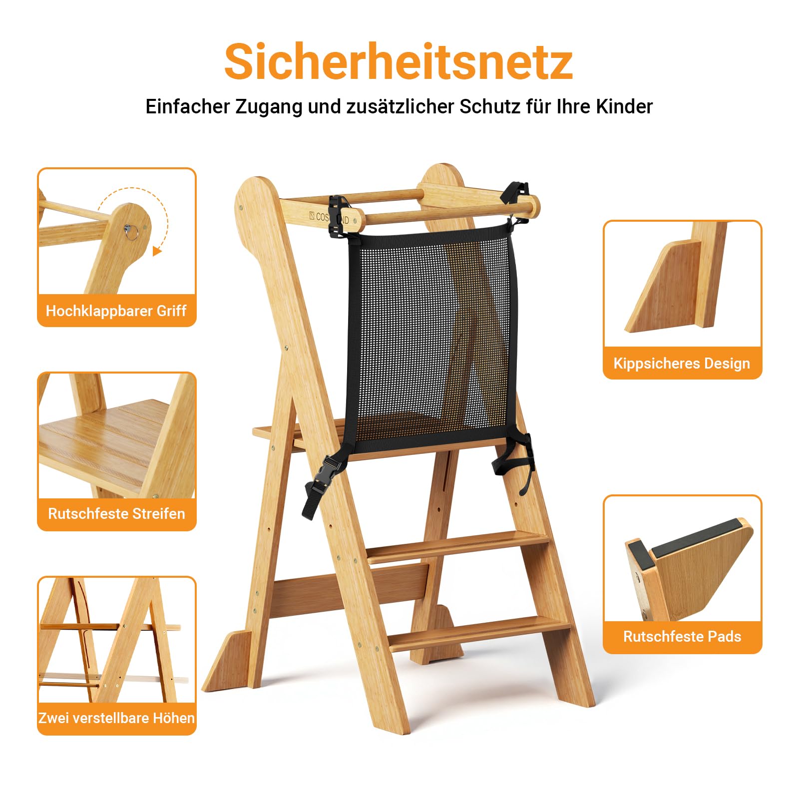 COSYLAND Montessori Lernturm ab 1 Jahr klappbar – Höhenverstellbarer Kinder Lernturm | Faltbarer Montessori Learning Tower aus Bambus | Lernstuhl Kitchen Helper - Natur