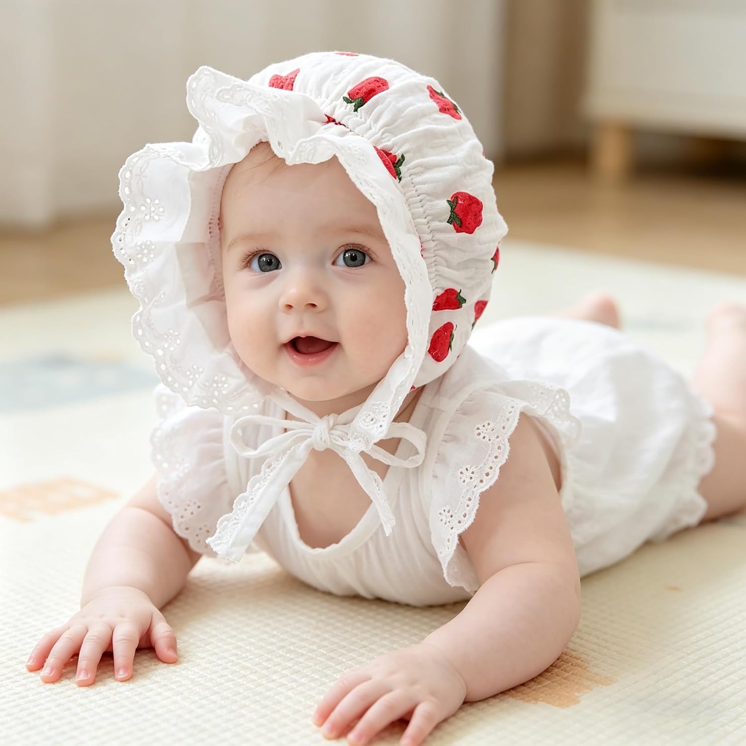 Baby-Girl-Lace-Cotton-Bonnet Soft Breathable Sun Hat for Newborn Toddler