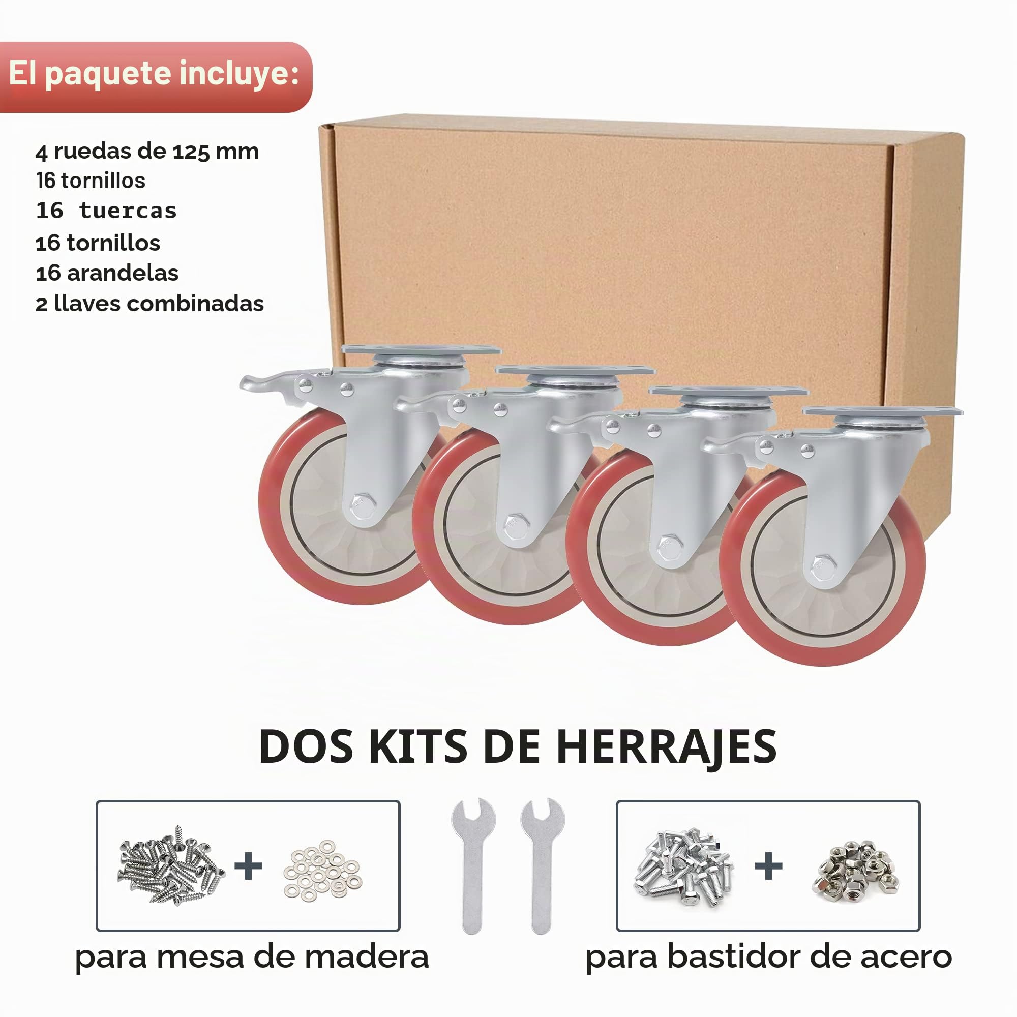 Juego de 4 ruedas giratorias para muebles, 125 mm, con freno, ruedas para cargas pesadas, 800 kg, rojas para muebles, ruedas de transporte, banco de trabajo, carro de herramientas, palés