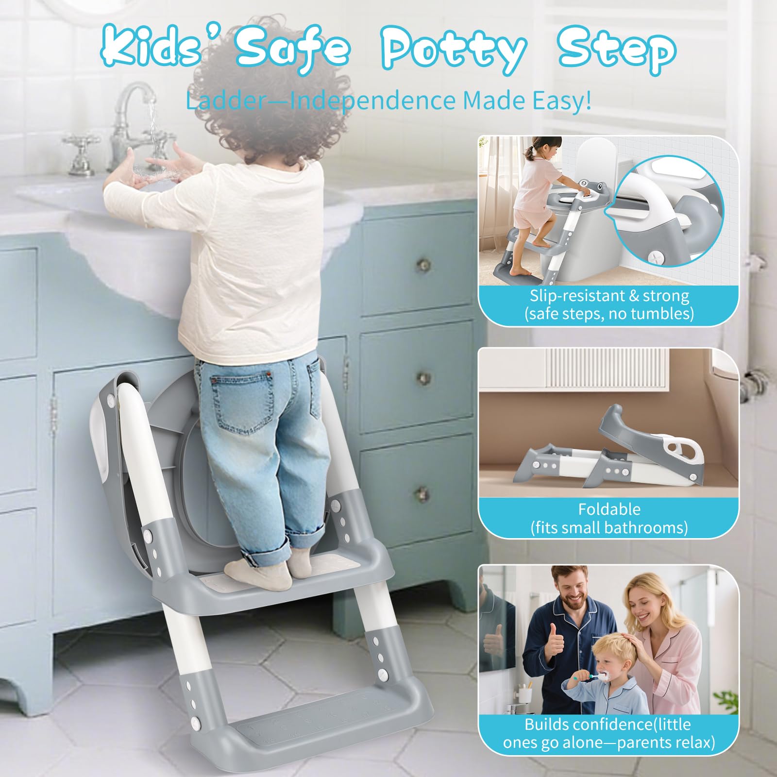 Sedile WC per Bambini con Scale, WC per Bambini, 2 in 1, con Scale, per Ragazzi e Ragazze, Sedile WC con Poliuretano, Regolabile in Altezza e Pieghevole, Antiscivolo con Spritzsc