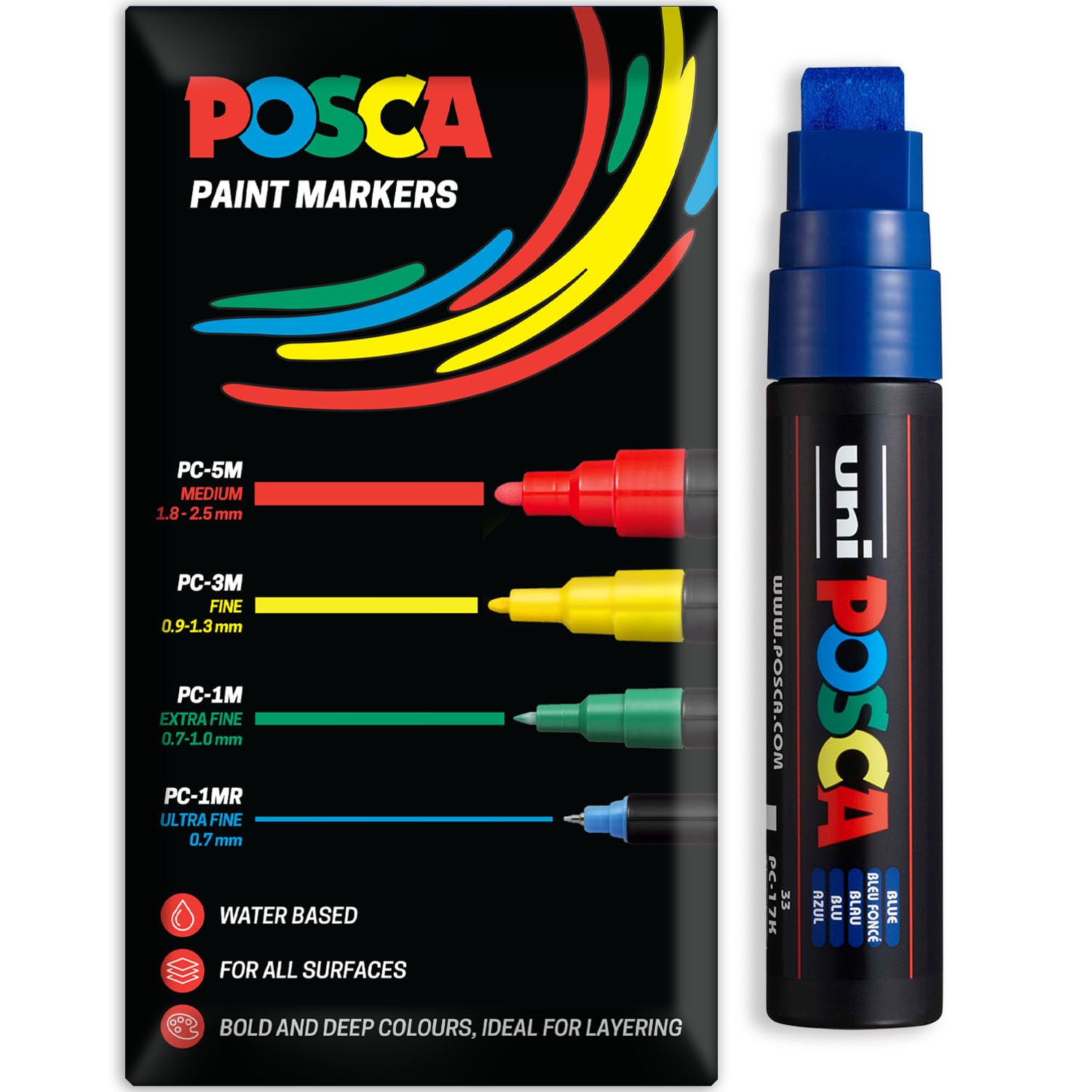Posca Water Based Acrylic Paint Marker Pens | Multi Surface Use Permanent Paint Pen | Pack of 1 in Envelope Gift Packaging | Glass, Fabric, Wood etc | XXL Chisel Tip PC-17K, Blue
