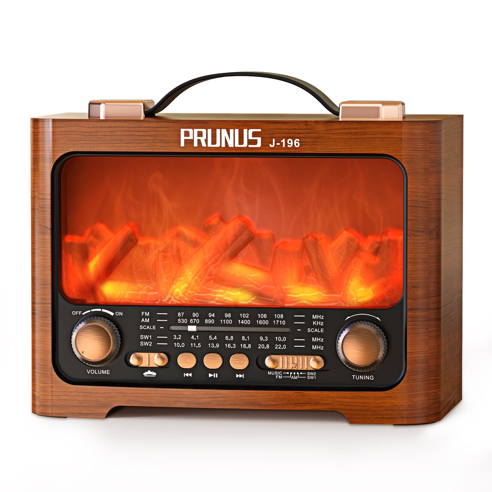 PRUNUS J-196 AM/FM/SW Retro Radio mit Bluetooth | Nostalgie Radio mit Akku 1800mAh | Transistorradio Küchenradio für Zuhause | Flammen-LED | USB/TF Slot | großem 8W-Lautsprecher | Vintage-Dekoration