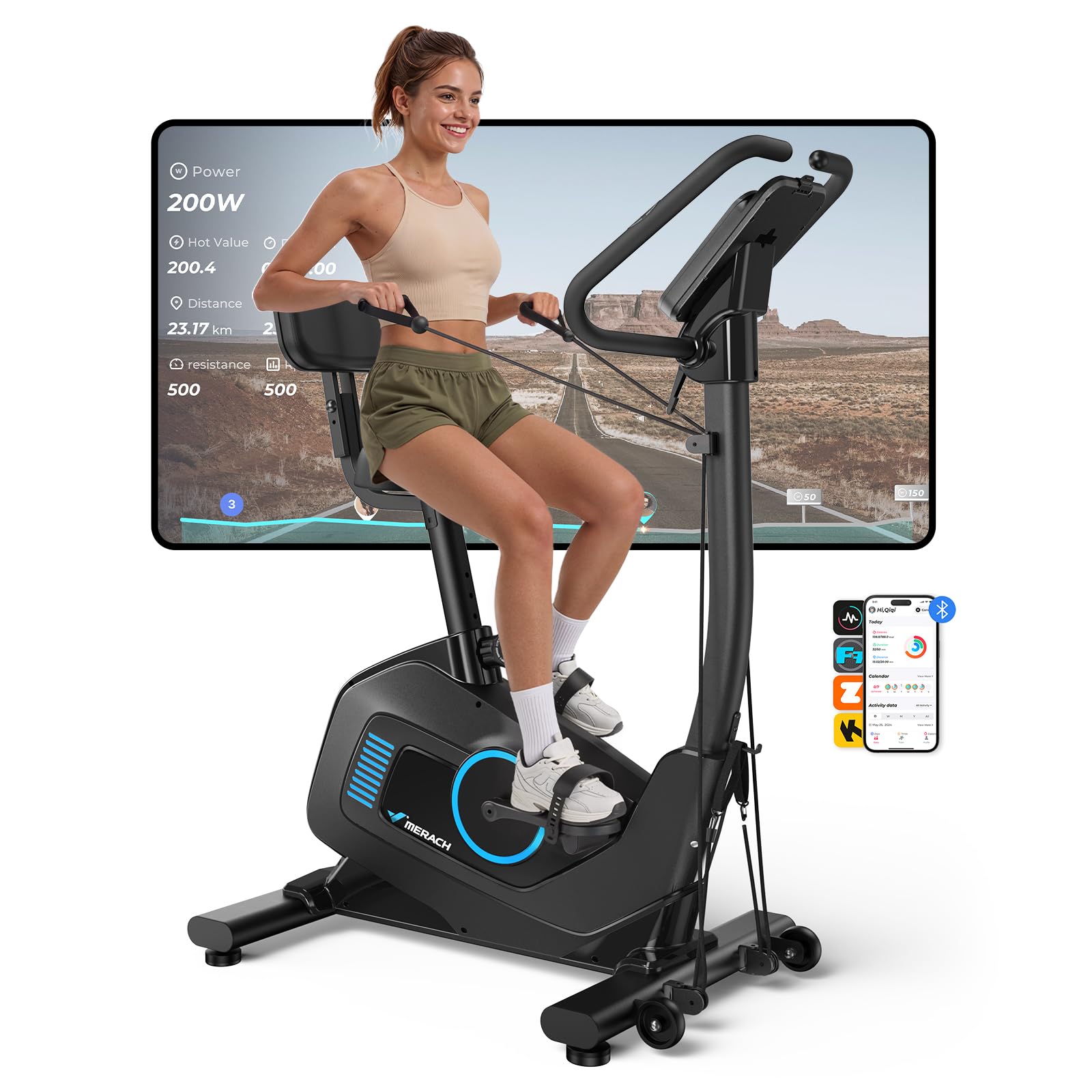 MERACH 4 in 1 Ergometer Heimtrainer Fahrrad mit Automatische Widerstandsanpassung, 16-stufigem Magnetwiderstand, Leisem Antrieb, 2 Trainingsmodi, App-Steuerung, Komfort-Rückenlehne, Widerstandsbändern
