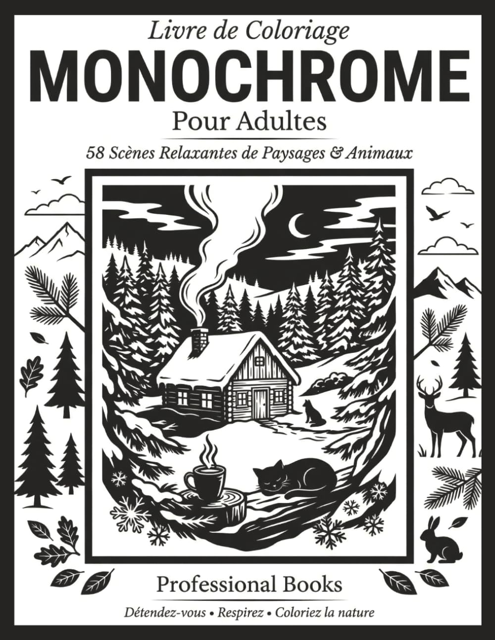 Livre de Coloriage Monochrome Pour Adultes: 58 scènes apaisantes en noir intense paysages naturels, animaux paisibles et maisons cosy à remplir avec ... minimaliste (Collection Monochrome Détente)