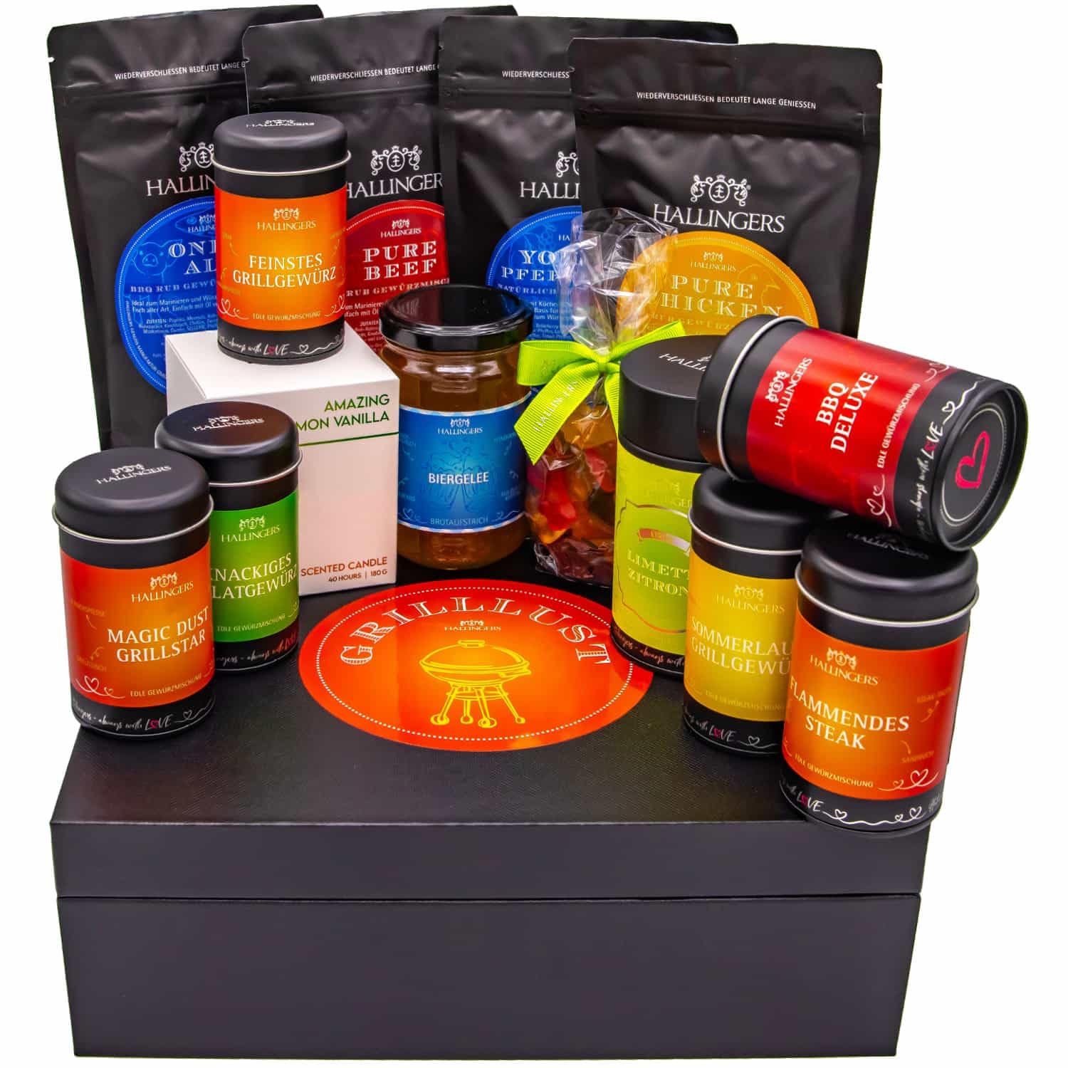 Hallingers Genuss Manufaktur Feinkost Geschenk-Set - XXL-Geschenkkorb "Grilllust" großes Grillparty-Mitbringsel Gewürz, Rub, Biergelée, Eistee, Kerze & mehr, Geschenkidee für Frauen Männer
