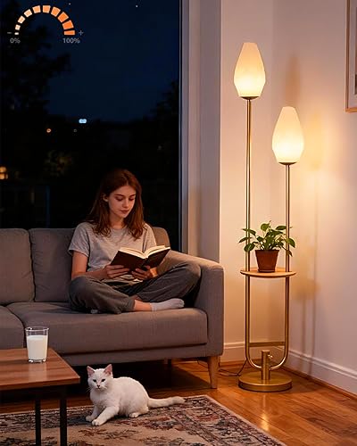 Miniatura 24 de Lightdot Lámparas de pie bohemias regulables para sala de estar, lámpara de pie de ratán de 3 luces con estantes, lámpara de pie de granja blanca