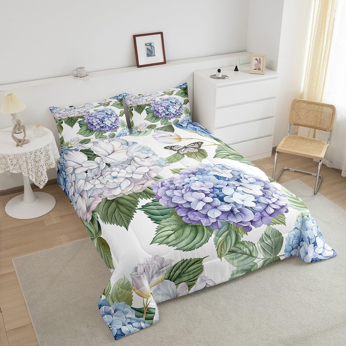 Castle Fairy Hydrangea Bedding Set Queen Size 3 Pcs,3D Blooming Flowers Garden Plants Comforter Set for Kids Girls Women,Wild Butterfly Watercolor Gradient Floral Quilted Comforter with 2 Pillowcases