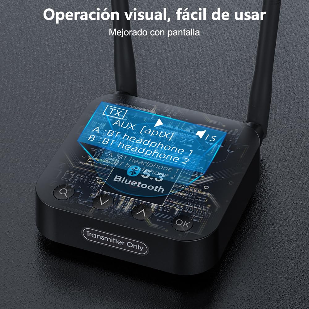 1Mii B06TX+ Transmisor Bluetooth 5.3 para TV, Adaptador Bluetooth Audio Entrada Óptica/AUX/Coaxial con Pantalla Fácil de Conectar con 2 Auriculares, Control de Volumen, aptX LL/HD, Largo Alcance