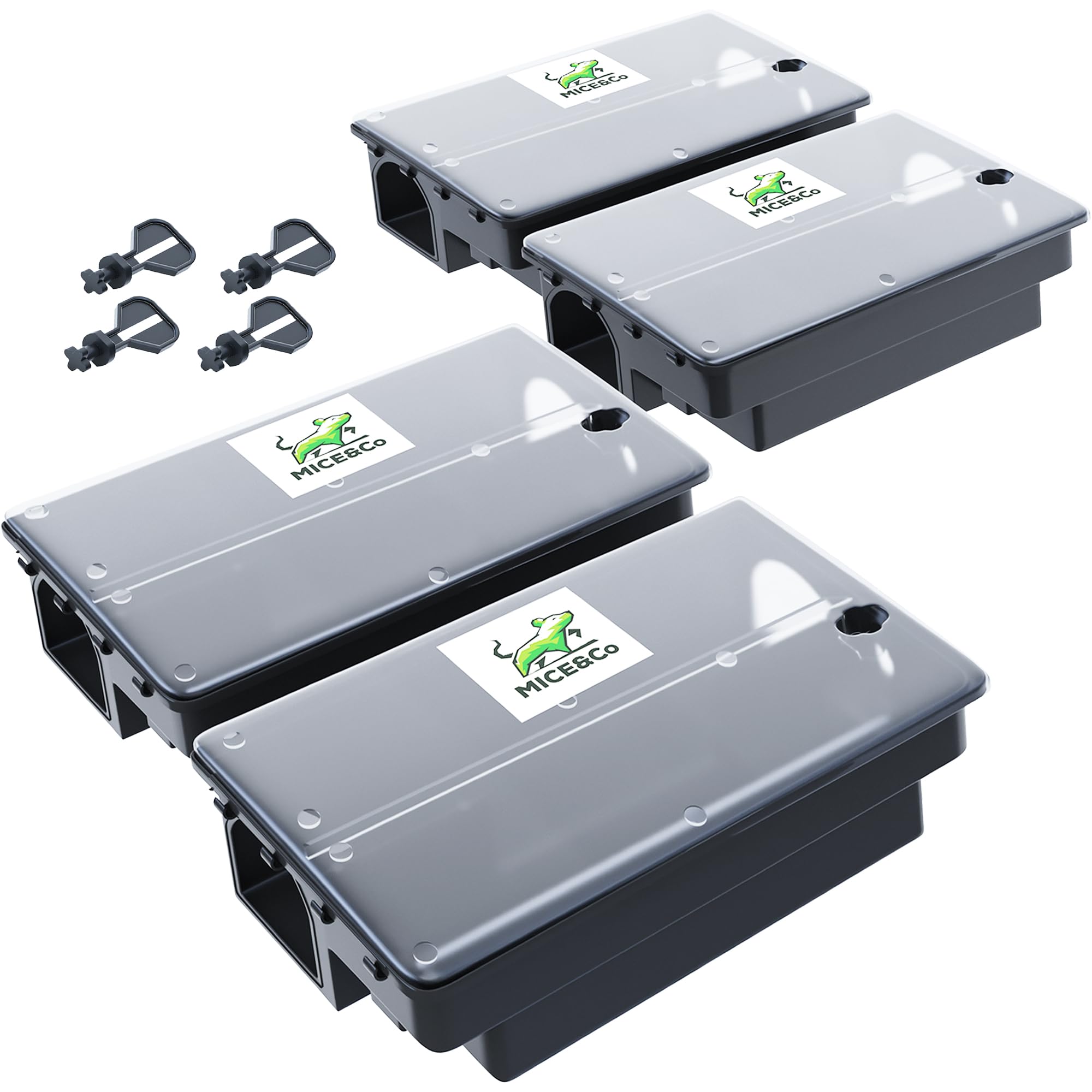 Mice&Co Trappole per Ratti e Topi Professionale - Scatola per Esche | Stazione di Esca per Roditori, Trappola Scatole Porta Esche Box per Esche Topicida | Pack 4 unità (Trasparente)