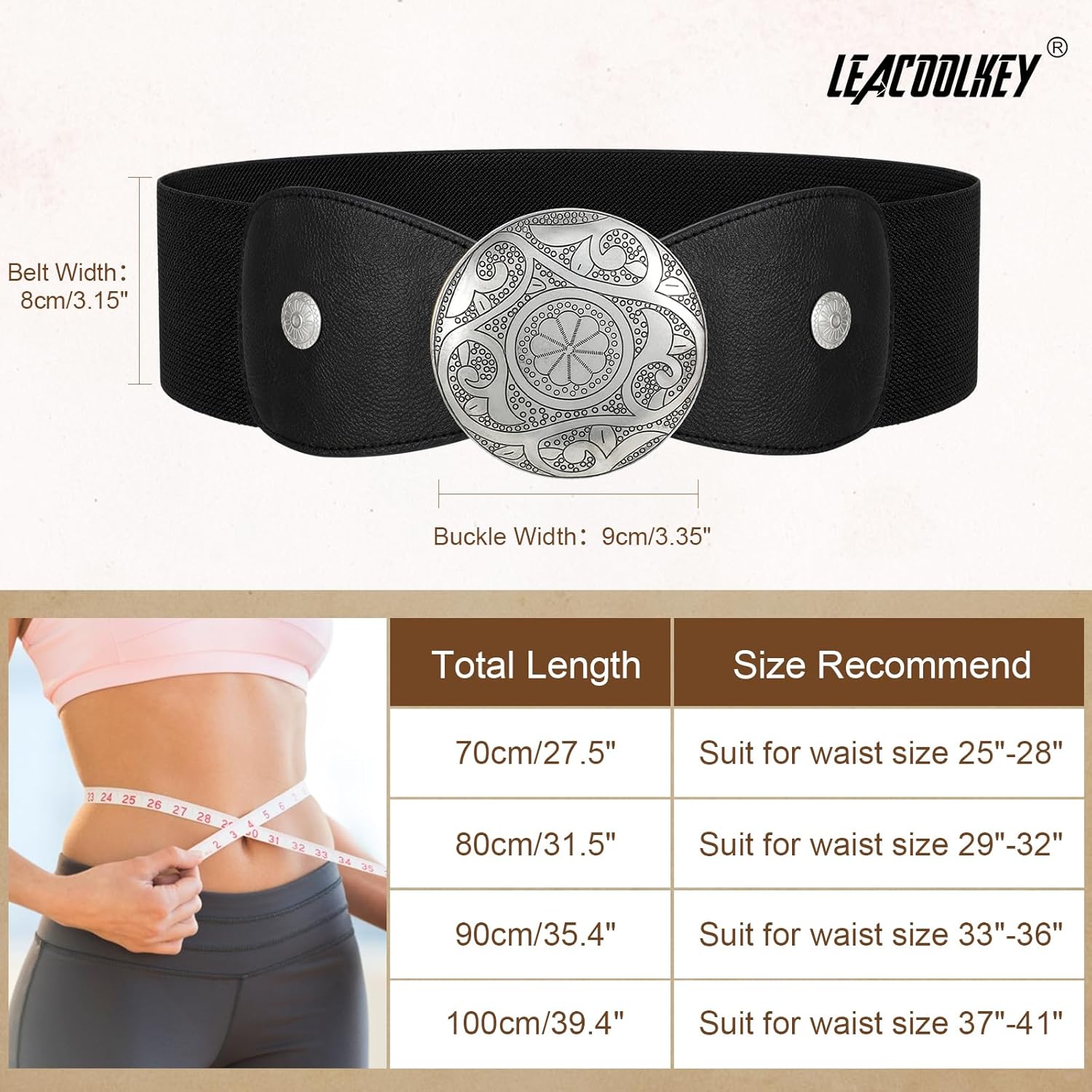 LEACOOLKEY Women Wide Elastic Belt Western Buckle Vintage Strecth Waist Belt for Dress - Image 5