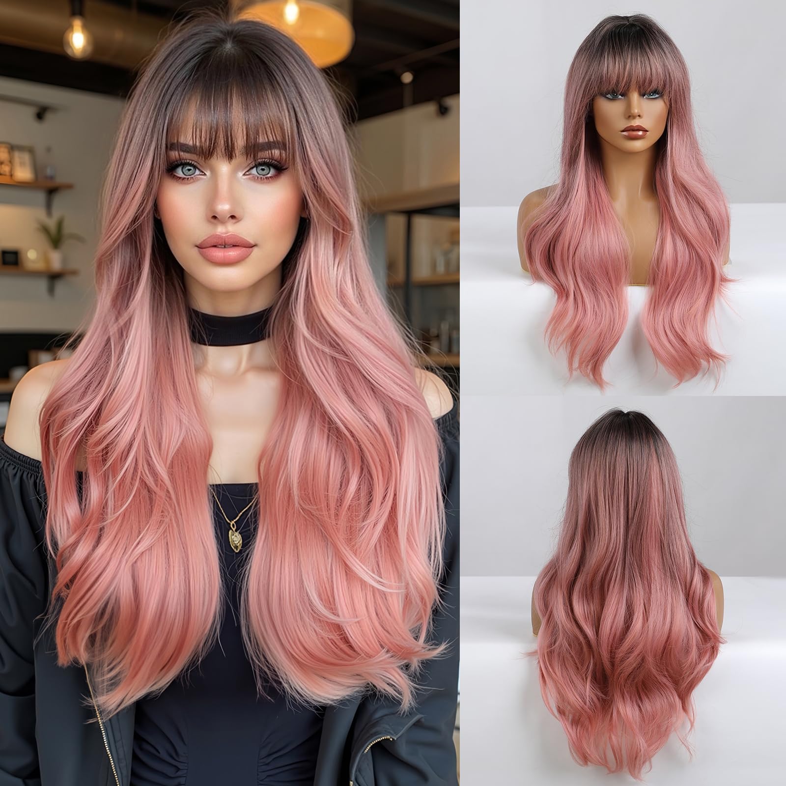 Esmee 24"Women Synthetic Wigs Natural Long Wavy Ombre Pink with Dark Roots＆Fluffy Air Bangs Light Cosplay Party Wigs