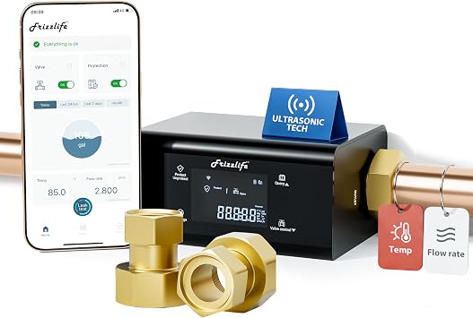 Frizzlife LP365 Smart Water Monitor and Automatic Shutoff - 0.01GPM Ultrasonic Micro Leak Detection, APP Wi-Fi Remote Control, Real-Time Flow/Temp Monitoring, 24/7 Water Usage Reports, 1.25" and 1"