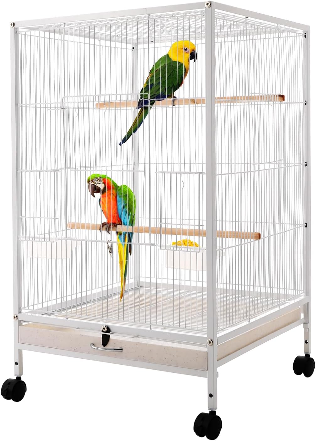 Großer Vogelkäfig 46 x 46 x 94 cm Vogelhaus rollbarer Vogelvoliere Papagei Käfig mit 4 Universalrädern und 3 Holzstangen für Papageien, Spatzen, Wellensittiche (Weiß)