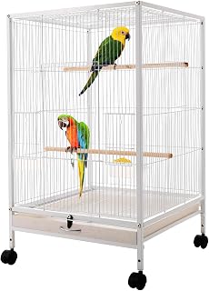 Vogelkäfig mit Rollen 46×46×94 cm Geräumiger Vogelvoliere mit klappbares Dach, Sitzstangen & Futterbox, für Wellensittiche & kleine Papageien, Weiß