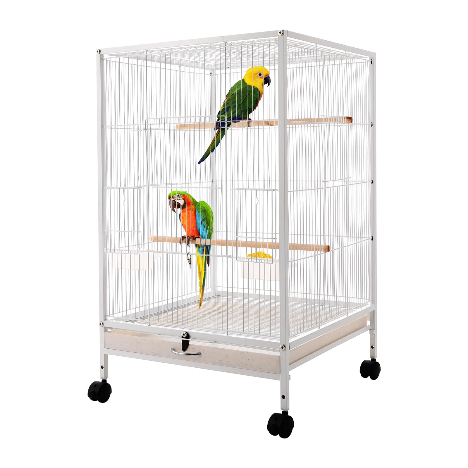 Jaula grande para pájaros, jaula interior para loros, pajarera de metal con ruedas de transporte, apertura hacia arriba, jaula para pájaros, 46 x 46 x 94 cm, jaula para periquitos con 3 perchas